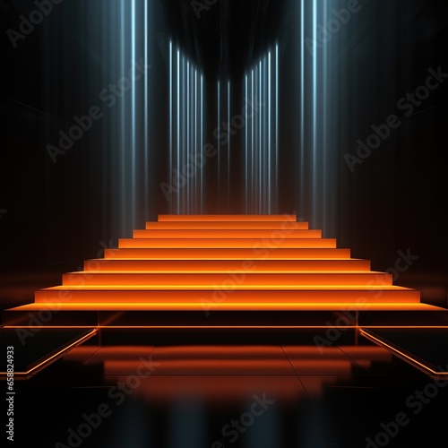 3d render, abstract black and orange neon background, glowing vertical lines, illuminated stairs, fashion podium, performance stage