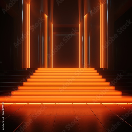 Abstract orange neon background  glowing vertical lines  illuminated stairs  fashion podium  performance stage
