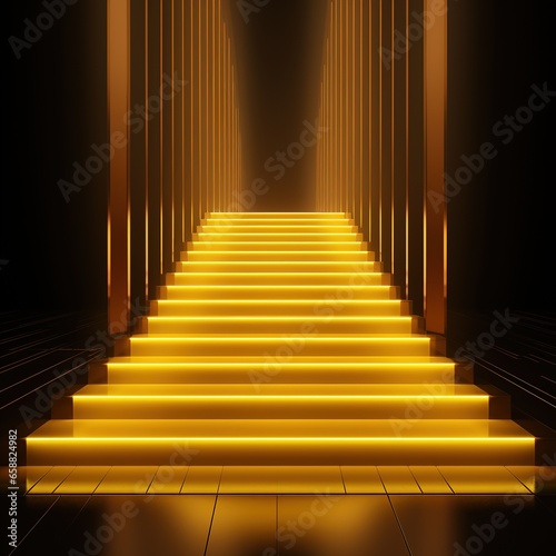 3d render, abstract yellow neon background, glowing vertical lines, illuminated stairs, fashion podium, performance stage