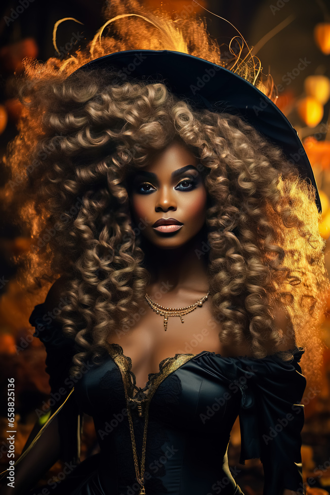 Portrait of a beautiful black African Halloween Witch cosplay beauty.