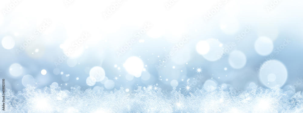 Magical Winter Background With Snow, Snow Flakes and Soft Bokeh Lights, Cold blue Backdrop For Christmas, Snowy Still,  Frosty Weather Time. New year, Christmas wide panoramic background
