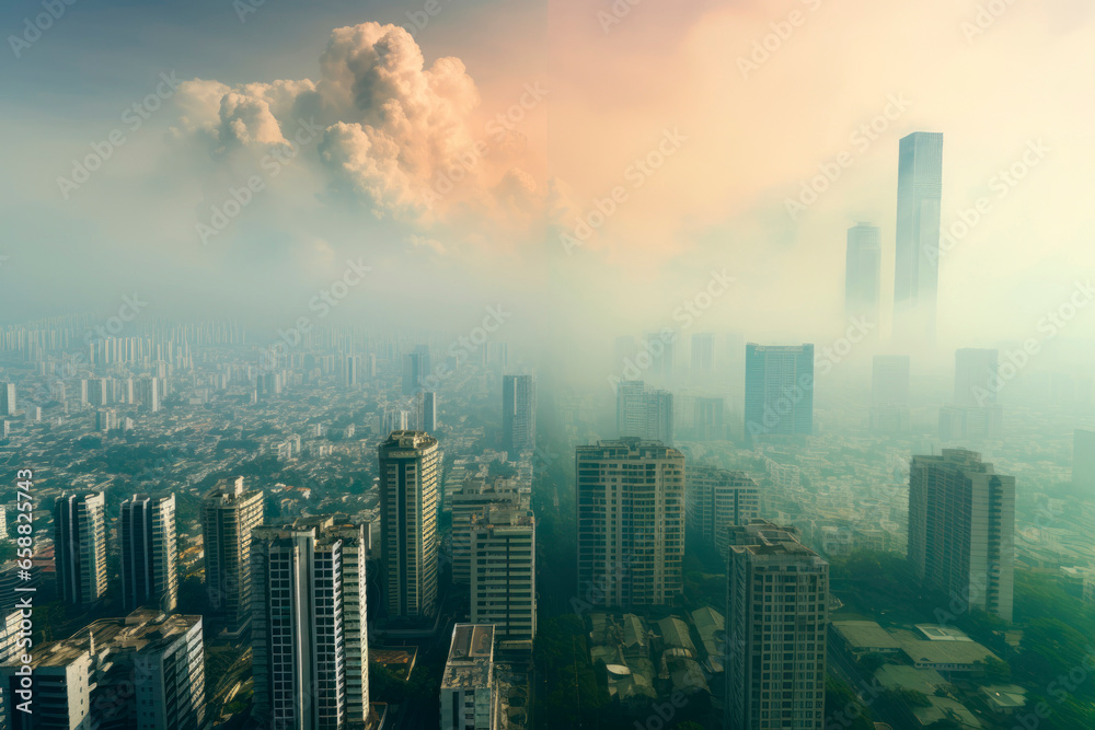 Urban Air Quality Challenges: Cityscape Enveloped in Smog, a Stark Reminder of Pollution