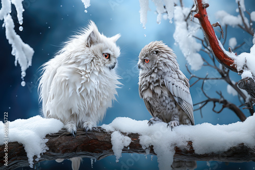 a hybrid owl cat is on a branch of a snowy tree next to another owl, they look at each other, animal memes, humorous, funny