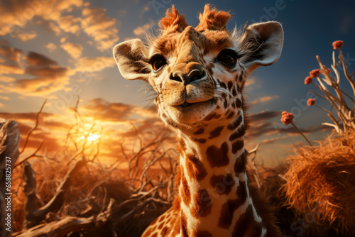 a giraffe close-up of the head at sunset, animal memes, humorous, funny