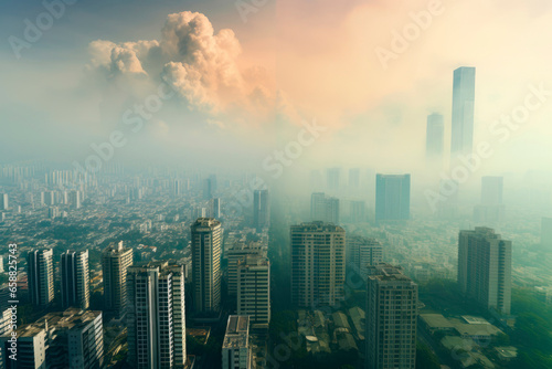 Urban Air Quality Challenges  Cityscape Enveloped in Smog  a Stark Reminder of Pollution