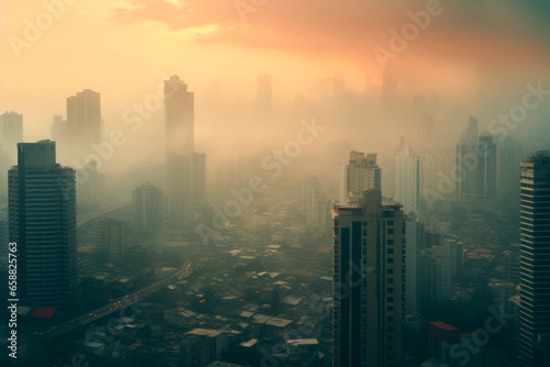 Urban Air Quality Challenges: Cityscape Enveloped in Smog, a Stark Reminder of Pollution