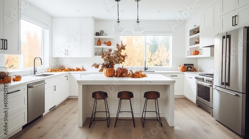 Halloween concept. White modern kitchen decorated for fall with orange pumpkins and leaves