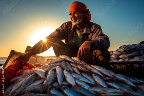 Proud Fisherman's Display. In an Arabian Fishing Village, a Traditional Fisherman Exhibits His Haul.