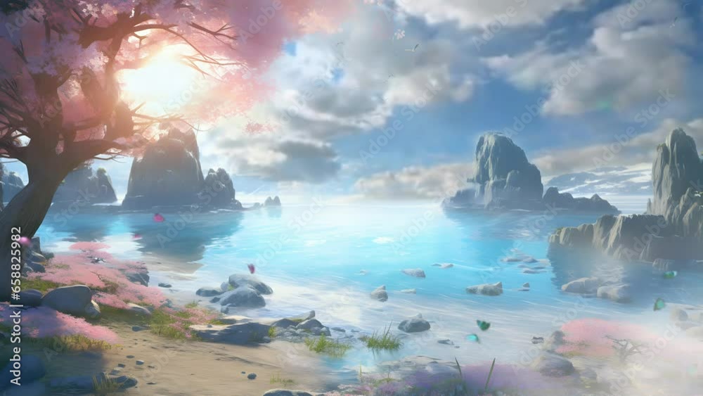 Beautiful fantasy nature beach landscape. seamless looping video animation virtual background