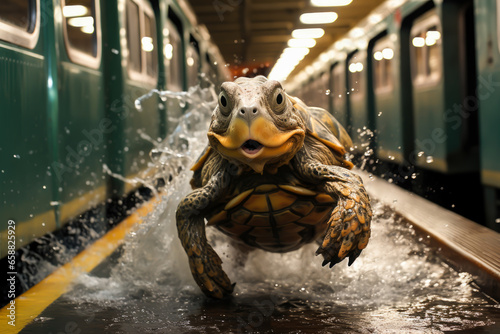 Fotografie, Obraz a turtle is running and jumping in the middle of the train platform, animal meme