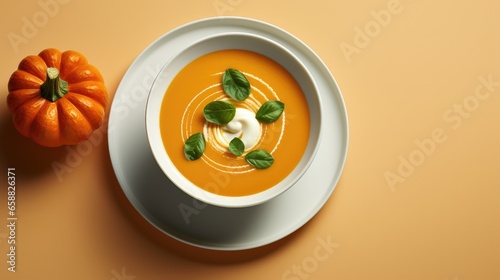 Traditional pumpkin cream soup with a creamy, silky texture. Copy space. diet soup. vegetarian soup.