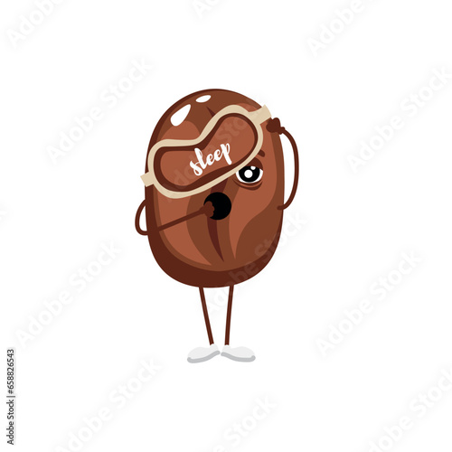 Yawning coffee bean with sleep mask on white background