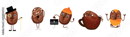 Set of cute coffee beans on white background