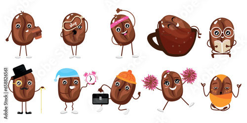 Set of cute coffee beans on white background
