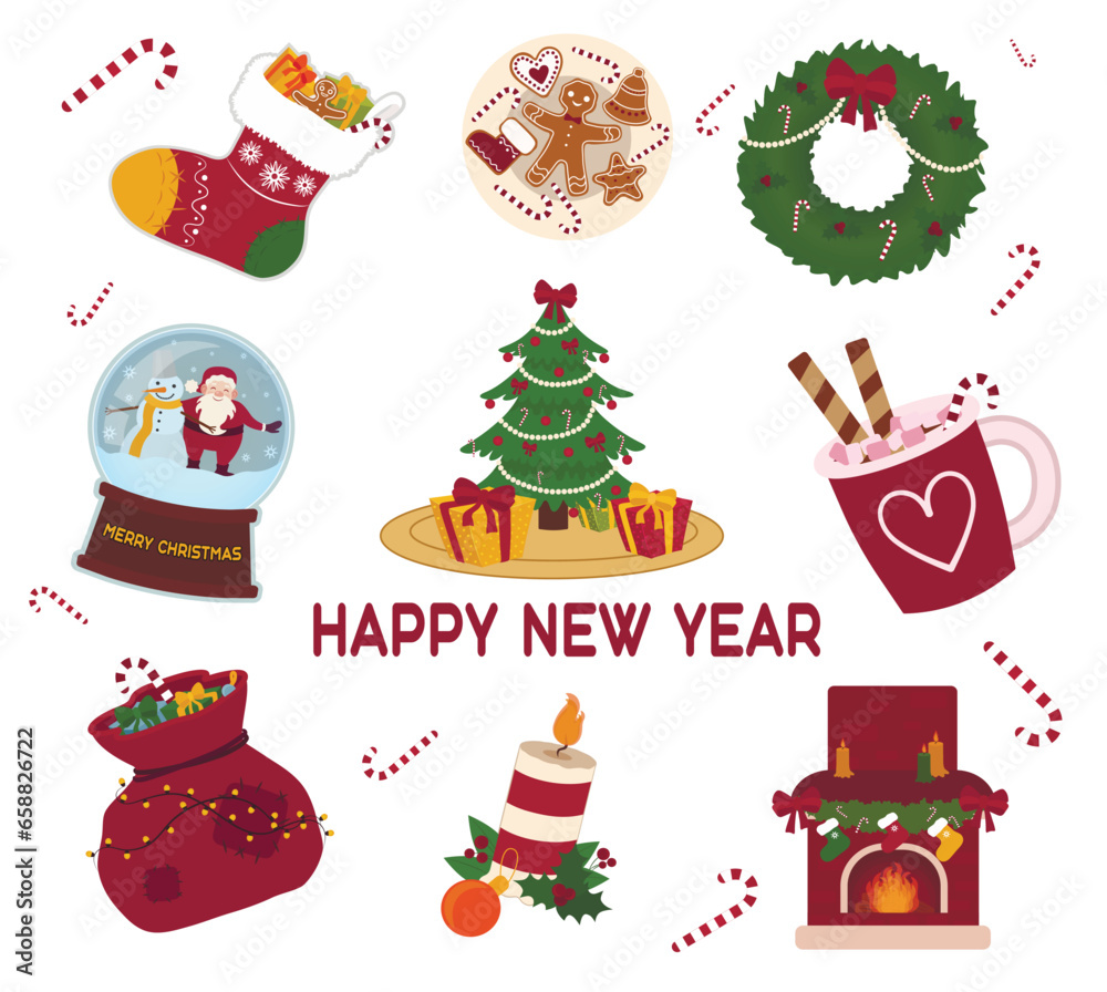 Beautiful greeting card for Happy New Year with symbols on white background
