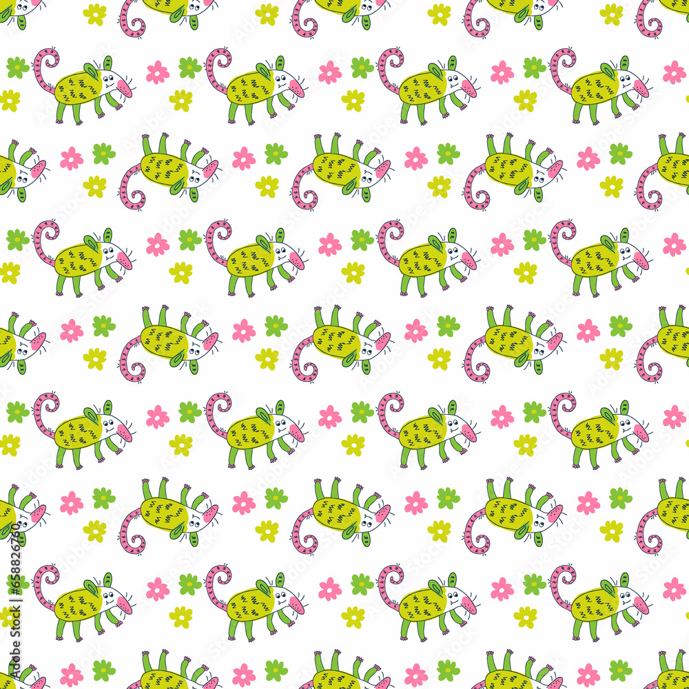 Doodle seamless pattern with opossums and daisy flowers. Perfect print for tee, textile and fabric. Floral illustration for decor and design. Doodle seamless pattern with opossums and daisy flowers. Perfect print for tee, textile and fabric. Floral illustration for decor and design.