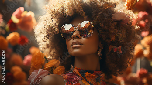 A woman with a curly afro head and sunglasses in a fairytale. 
