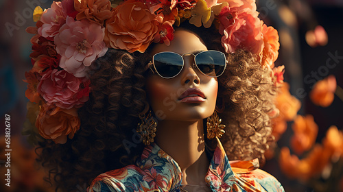A fairytale young woman wearing sunglasses and floral hairstyles. 