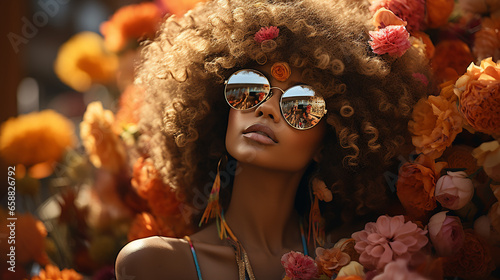 A fairytale beauty: girl with an afro, sunglasses and flowers on her head. 