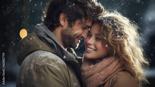 Winter Love, Young Couple Embracing the Cold Outdoors