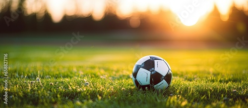 Soccer football on grass at sunset blurry background With copyspace for text