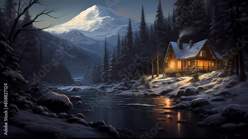 A cabin in the woods is lit up at night with a stream running through it and snow covered trees by Generative ai