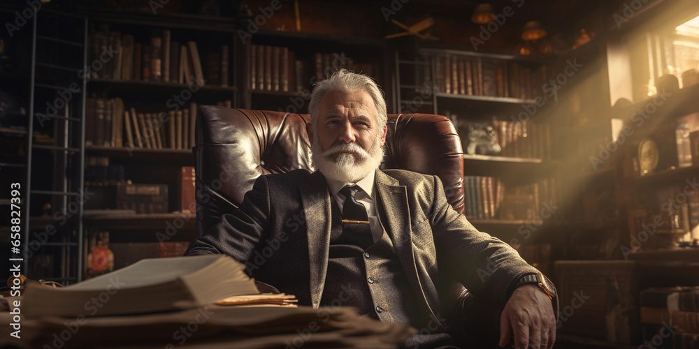 Old man in a stylish suit sitting in in CEO office. Cinematic shot of humble senior businessman. Generative AI Old man in a stylish suit sitting in in CEO office. Cinematic shot of humble senior businessman. Generative AI