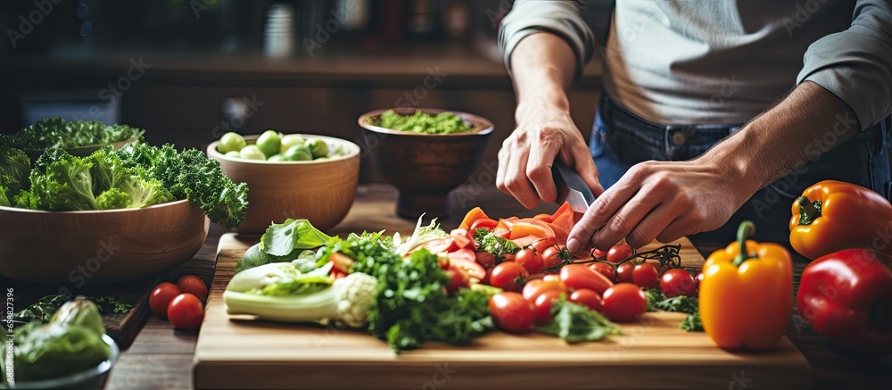 Cropped image of couple cutting vegetables on a cutting board preparing vegetarian meal With copyspace for text