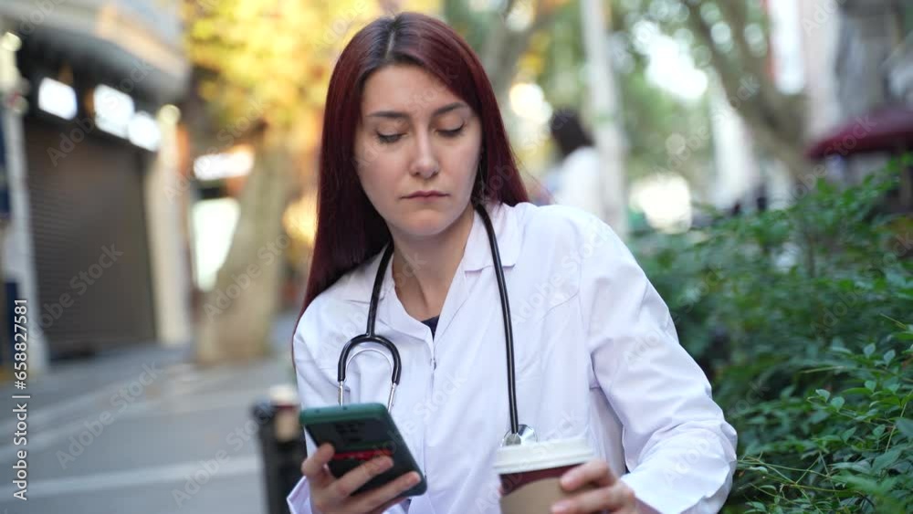 Young Doctor Checking Phone and Answering Queries in Hospital Garden Young Doctor Checking Phone and Answering Queries in Hospital Garden