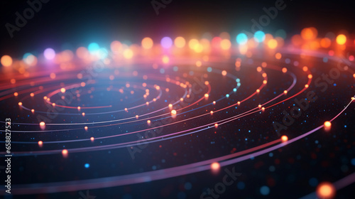 Circular abstract network connections of colorful blue and orange balls in science or technology