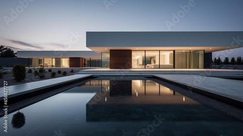 Modern luxurious home. Large windows, pool, blue hour night. Warm lights and reflections. White minimal style architecture. © Billijs