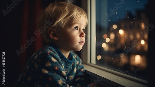 Christmas concept. Toddler child, cute blond boy, sitting on the window in pajama, looking out for Satna Claus with smile, Christmas lights around him