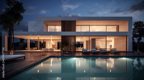 Modern luxurious home. Pool, blue hour night. Warm lights from windows and reflections in pool. White and wood style architecture. © Billijs