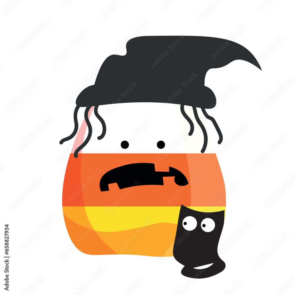 Creepy Halloween corn candy with cat and witch's hat on white background Creepy Halloween corn candy with cat and witch's hat on white background