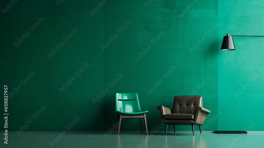 Fototapeta premium Emerald green wall with chairs. Background with copy space.