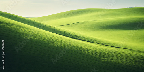 Beautiful green field under a clear blue sky with clouds and a peaceful countryside landscape