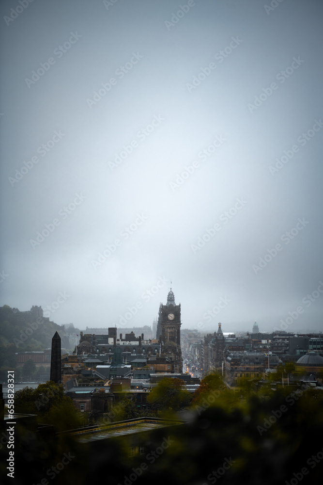 A rainy, gloomy day with a view of Princess street Edinburgh, Scotland