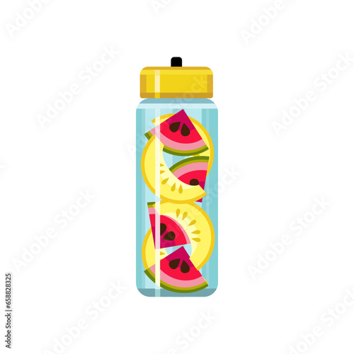 Bottle of fresh fruit infused water on white background