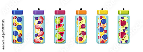 Many bottles of fresh fruit infused water on white background