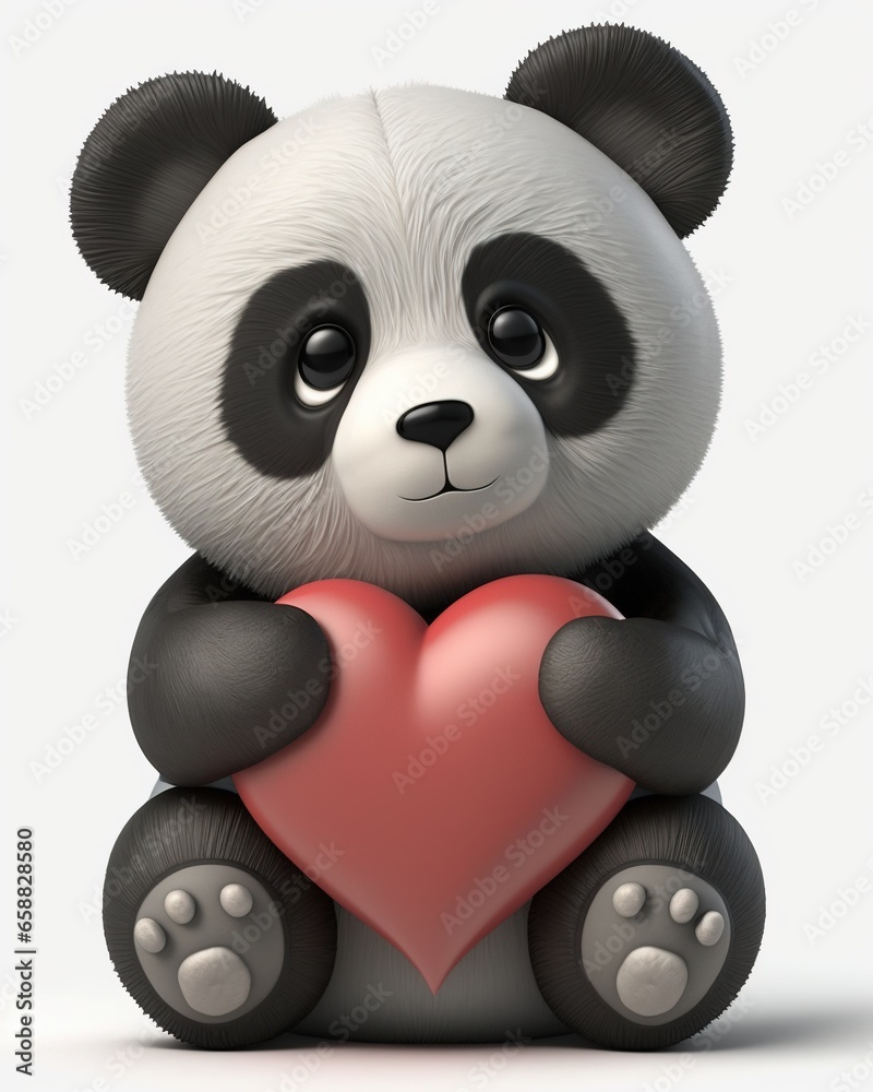 Cute 3D Animation Panda Toy with Heart, Cartoon Style Teddy Bear Isolated on White Background. Cute 3D Animation Panda Toy with Heart, Cartoon Style Teddy Bear Isolated on White Background.