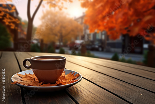 a cup of coffee on wooden cafe table street view with fall autumn trees