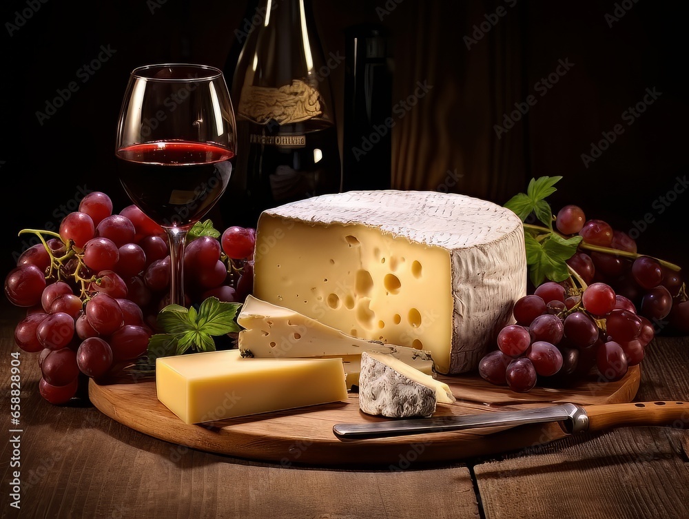 Cheese board with different varieties and glass of wine. AI Cheese board with different varieties and glass of wine. AI