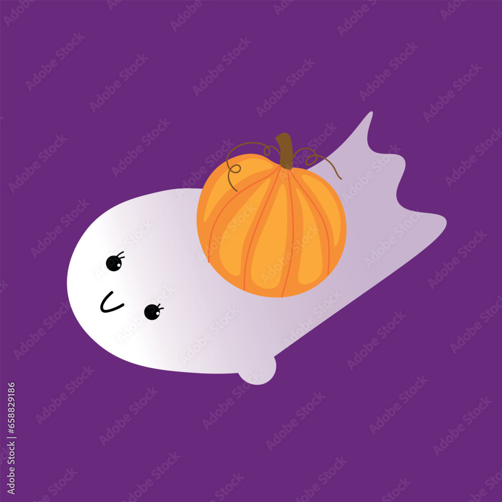 Cute ghost with Halloween pumpkin on purple background Cute ghost with Halloween pumpkin on purple background