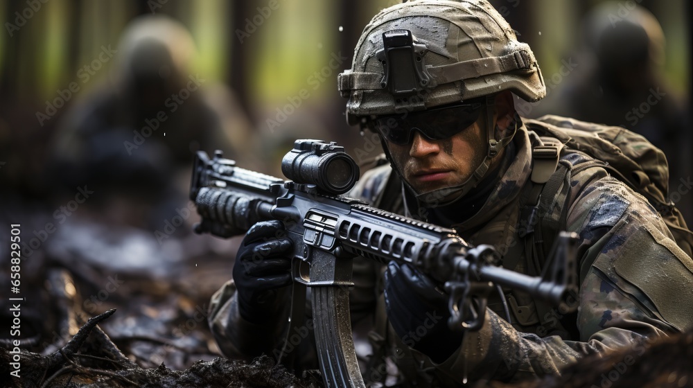 military soldier at war with weapon in hand, infantry ground operation. Dangerous job. Male infantryman. Concept: protection of the country and population.