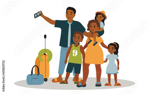 Happy family with packed belongings taking selfie on white background