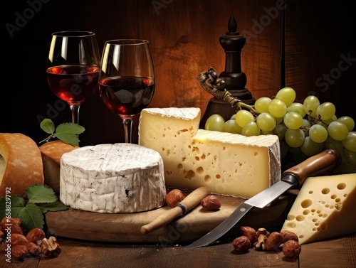 Cheese board with different varieties and two glasses of wine. AI