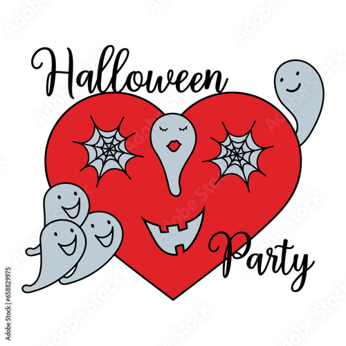 Halloween Party. Heart with cute ghosts. Festive clipart for banners, labels, prints, and postcards.