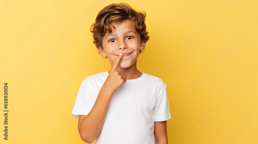 Young kid wearing a white tshirt mockup against a yellow background. T-shirt design template, print, mock-up Young kid wearing a white tshirt mockup against a yellow background. T-shirt design template, print, mock-up