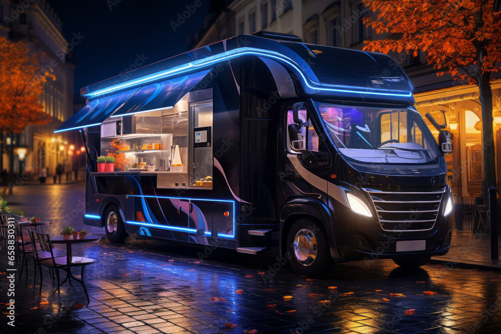 Fast food truck. Background with selective focus and copy space Fast food truck. Background with selective focus and copy space