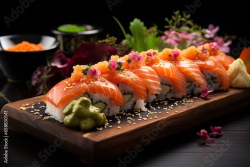 Appetizing sushi. Background with selective focus and copy space